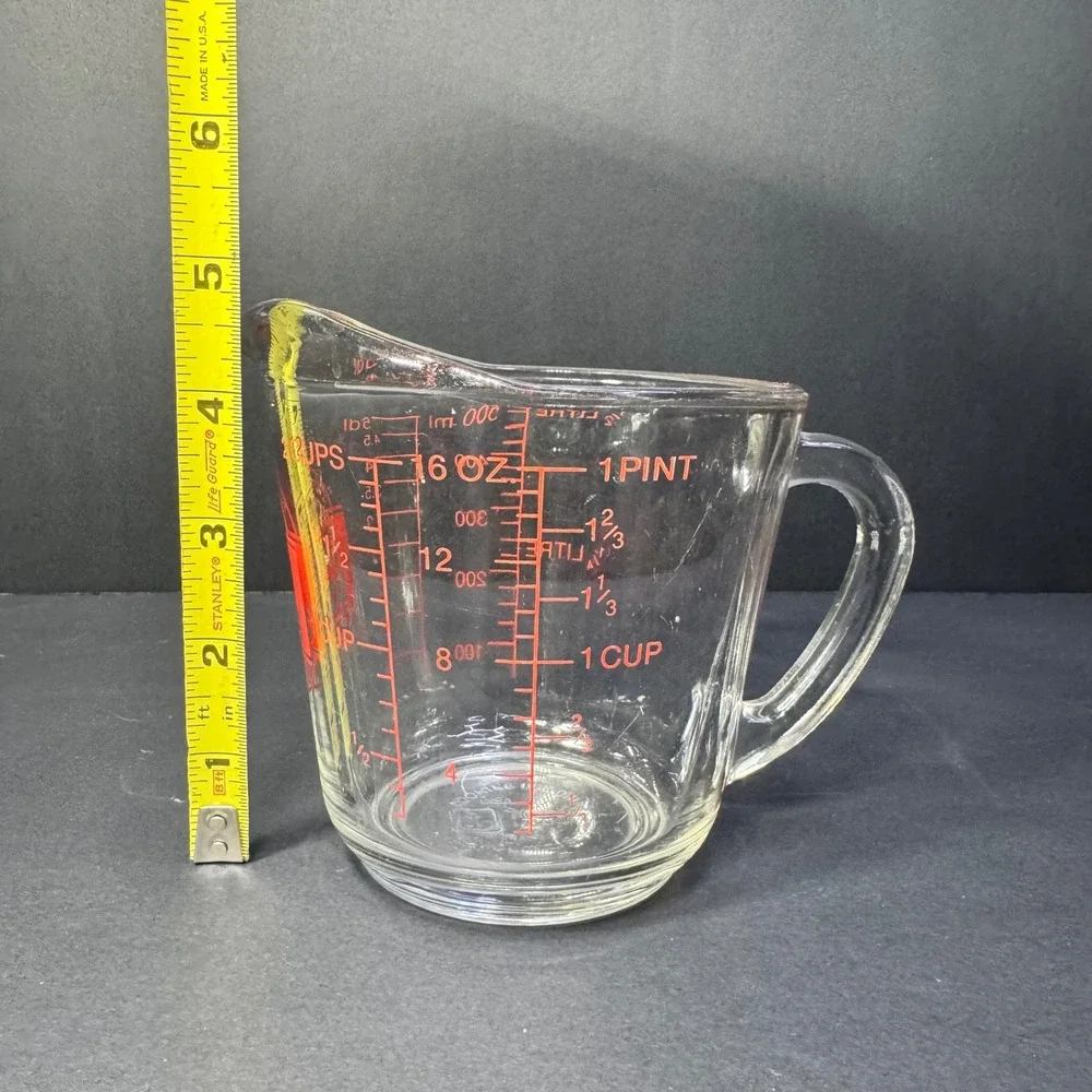 Anchor Hocking Oven Basics Glass Measuring Cup 2 Cup 16 oz Clear Red‎ Letter VTG